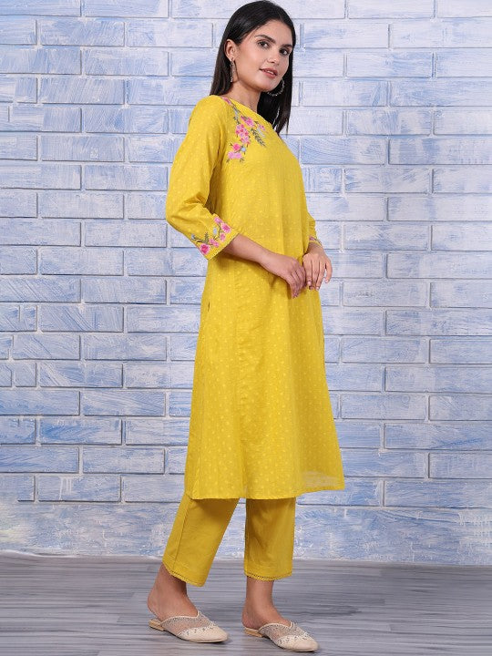 W Women Floral Embroidered Cotton Kurta with Trousers & Dupatta
