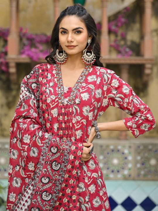 AUTUMN LANE Floral Printed Empire V-Neck Pure Cotton Kurta with Palazzo And Dupatta