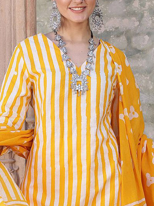 Taavi Straiped Printed Pure Cotton Hand Block Print Kurta With Trousers & Dupatta