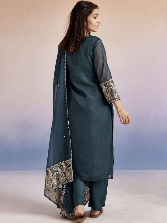 Jaipur Kurti Paisley Embroidered Round Neck Straight Kurta With Palazzos & Dupatta