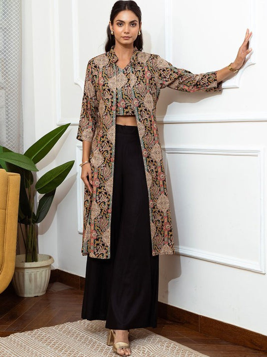 Claura Black Floral Printed V-Neck Top with Shrug & Trousers