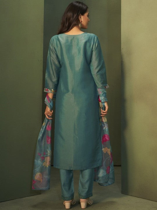 AUTUMN LANE Floral Embroidered Thread Work Straight Kurta with Trouser & Dupatta