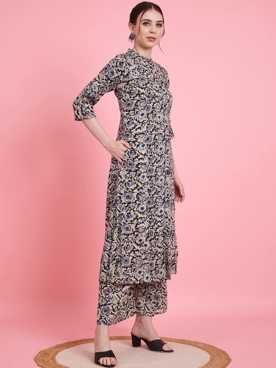 Vbuyz Floral Printed Mandarin Collar Kalamkari Straight Top With Palazzos