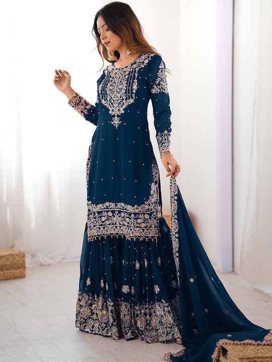 DRUMLIN ENTERPRISE Women Ethnic Motifs Embroidered Kurta with Sharara & Dupatta