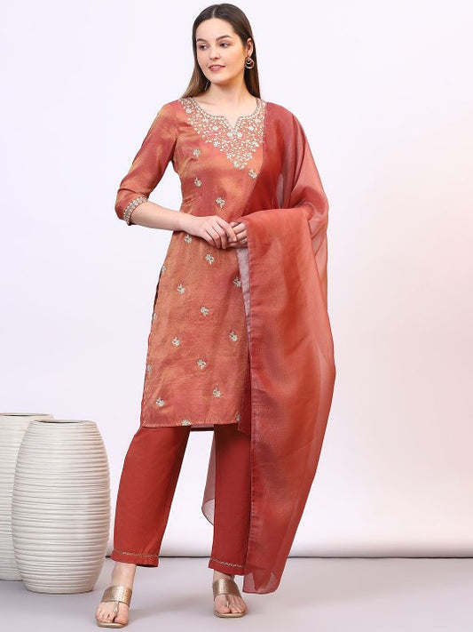 AURELIA Women Ethnic Motifs Regular Thread Work Kurta with Palazzos & With Dupatta