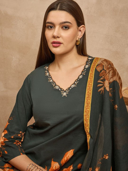 all about you Green Floral Printed V-Neck Pure Cotton Kurta with Trousers & Dupatta