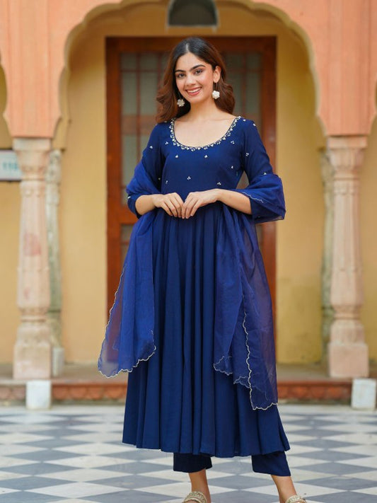 Ambraee Floral Yoke Design Empire Beads and Stones Anarkali Kurta With Trousers & Dupatta