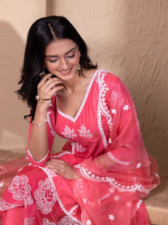 Floral Threadwork Lace Work schiffli Pure Cotton A Line Kurta With Palazzos & Dupatta