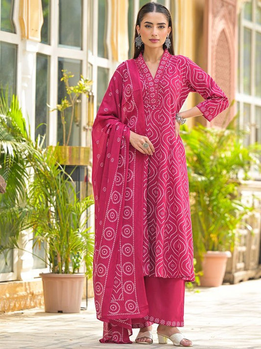 ARAVALII Bandhani Printed Mirrror Work Pure Cotton Anarkali Kurta