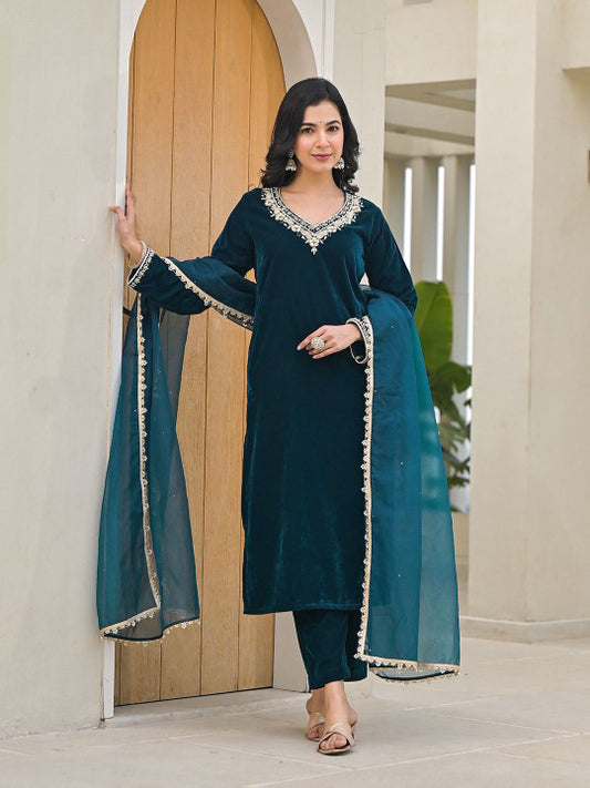 Divena Embroidered V-Neck Velvet Straight Kurta With Trouser & Dupatta