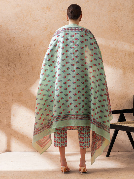 STYLEBAAZI Embroidered V-Neck Sequinned Pure Cotton Straight Kurta With Trouser & Dupatta