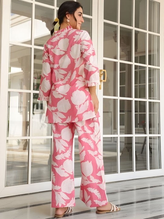 Jade & Julie Printed Pure Cotton V-Neck Top With Palazzos Co-Ords