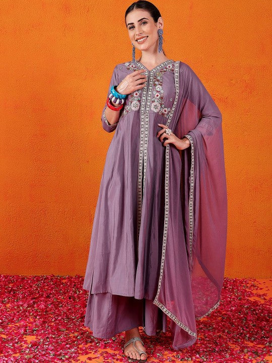 DIVASTRI Floral Embroidered Sequinned Pure Silk A-Line Kurta