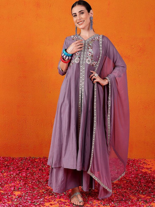 DIVASTRI Floral Embroidered Sequinned Pure Silk A-Line Kurta