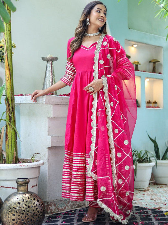 Angkor Women Angrakha Gotta Patti Pure Cotton Kurta with Trousers & With Dupatta