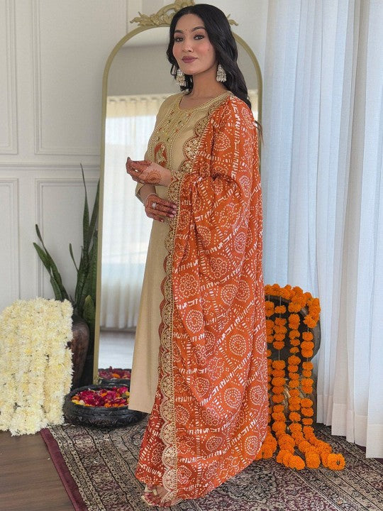 Floral Yoke Design Sequinned Straight Kurta With Trousers & Dupatta