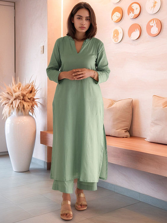 GoSriKi Notch Neck Straight Kurta & Palazzos With Dupatta