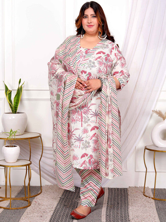 Doriyaan Plus Size Floral Printed V-Neck Pure Cotton Kurta With Trousers And Dupatta