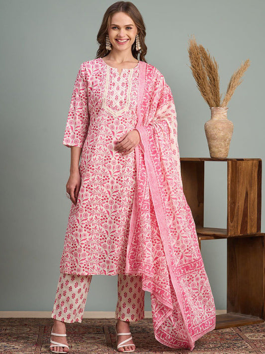 FASHOR Women Floral Printed Regular Thread Work Pure Cotton Kurta with Trousers & With Dupatta