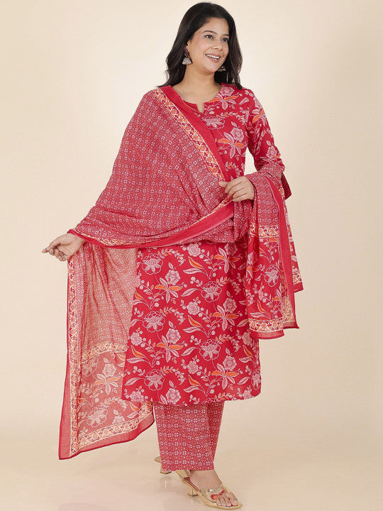 Aramya Women Floral Printed Regular Patchwork Pure Cotton Kurta with Trousers & With Dupatta