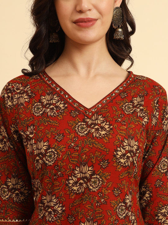 Yufta Women Floral Printed Regular Sequinned Pure Cotton Kurta with Trousers & With Dupatta