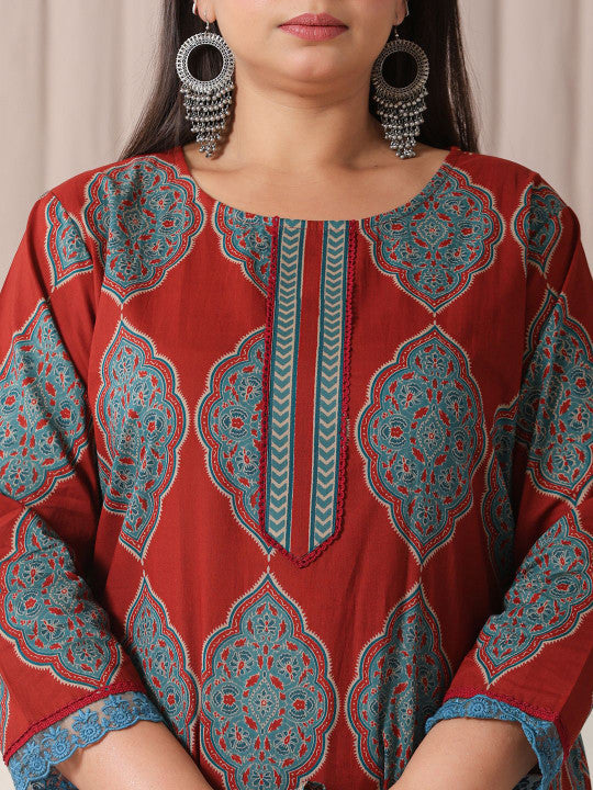 Yufta Plus Size Ethnic Motifs Printed Pure Cotton Straight Kurta With Trousers And Dupatta