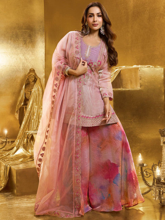 Inddus Women Embroidered Crushed Organza Silk Kurta Set with Dupatta