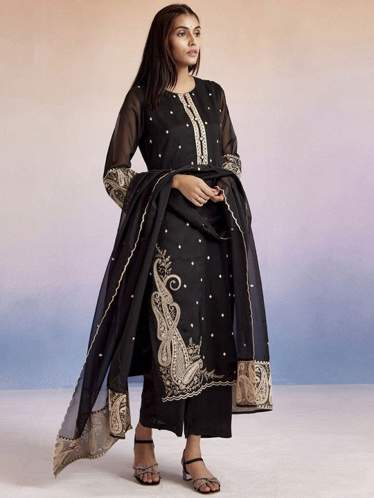 Jaipur Kurti Paisley Embroidered Round Neck Straight Kurta With Palazzos & Dupatta
