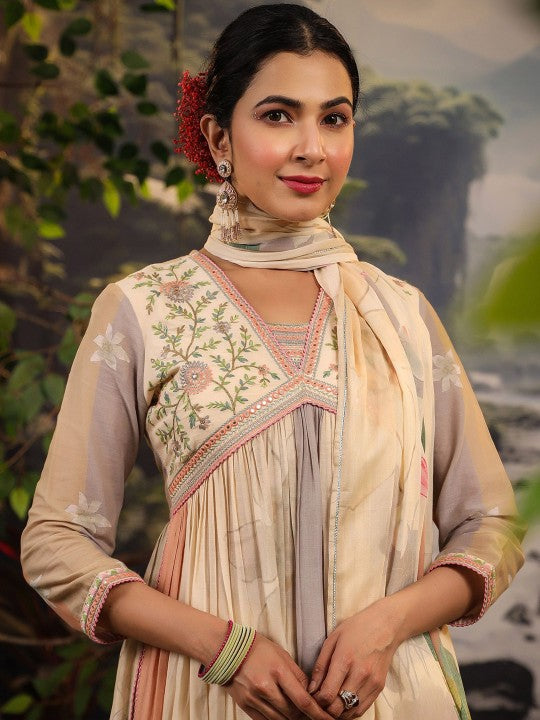AARAAS Women Floral Embroidered Pure Cotton Anarkali Kurta with Pyjama & Dupatta