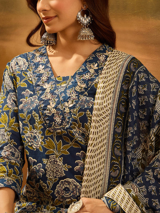 Floral Printed V-Neck Sequinned Cotton Straight Kurta With Trouser & Dupatta