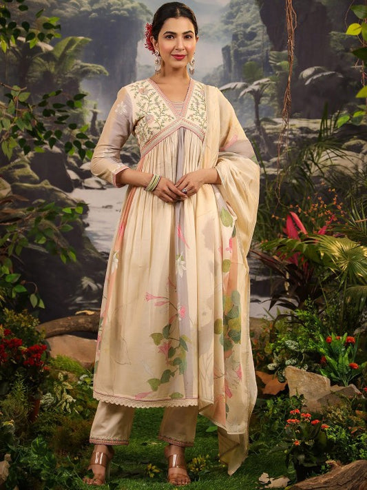 AARAAS Women Floral Embroidered Pure Cotton Anarkali Kurta with Pyjama & Dupatta