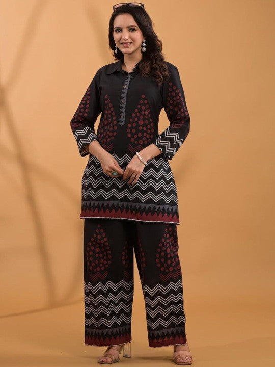 Printed Pure Cotton Shirt Collar Neck Tunic With Palazzo Co-Ords