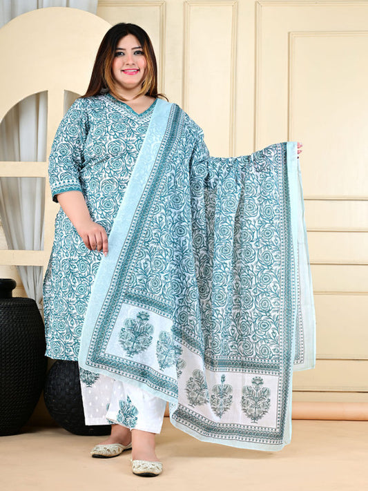 Floral Printed Pure Cotton Kurta With Trouser And Dupatta