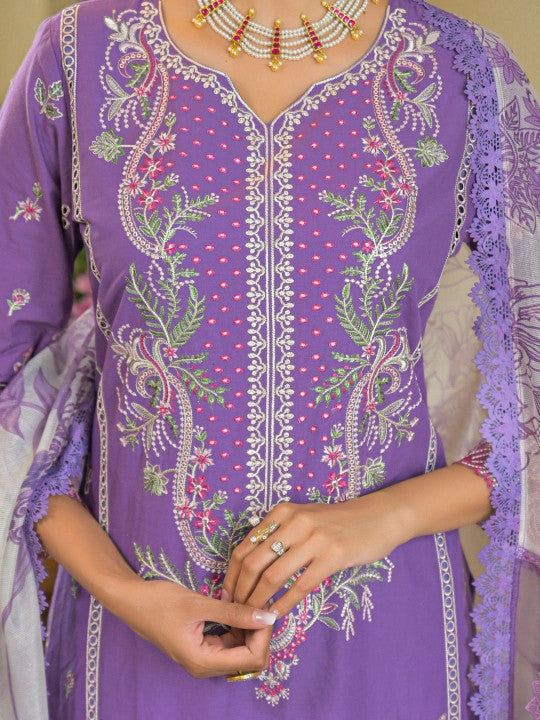 AUTUMN LANE Women Floral Embroidered Cotton Kurta with Trousers & Dupatta