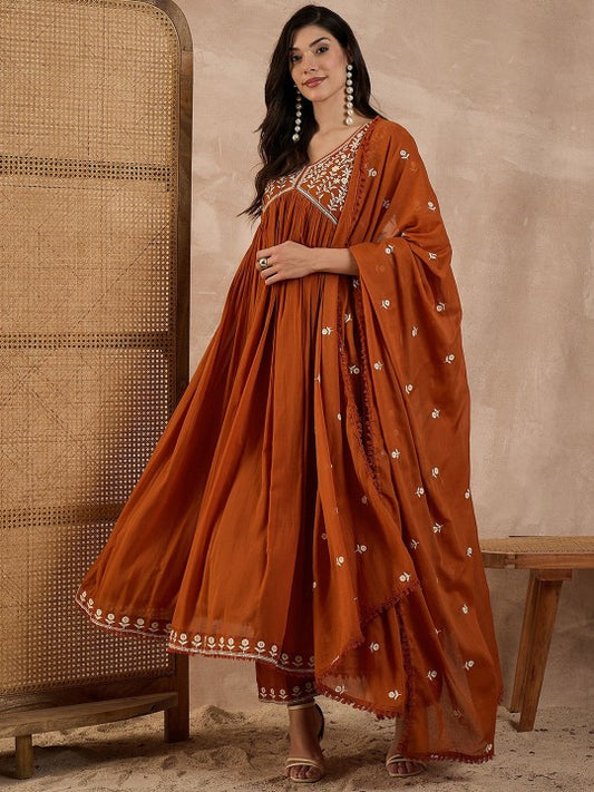 all about you Floral Embroidered V-Neck Thread Work Anarkali Kurta With Trouser & Dupatta