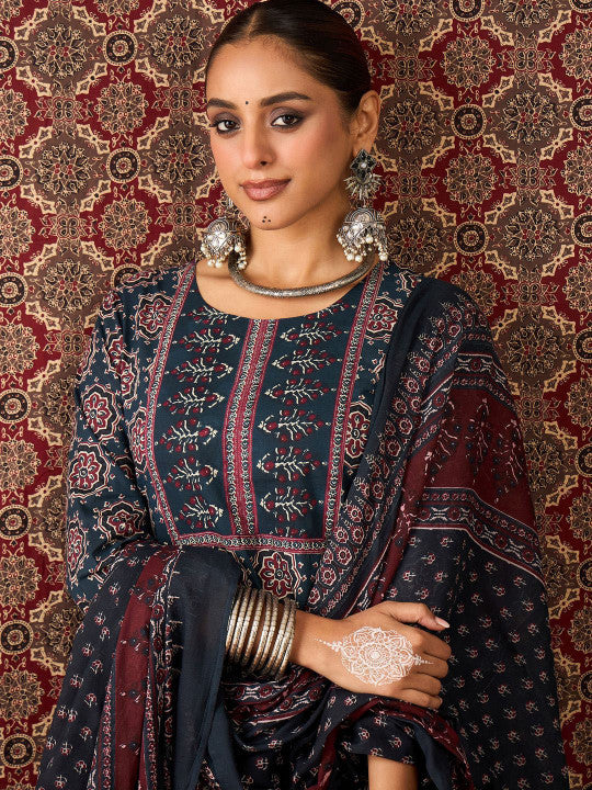 Indo Era Women Floral Printed Regular Pure Cotton Kurta with Trousers & Dupatta Kurta Sets