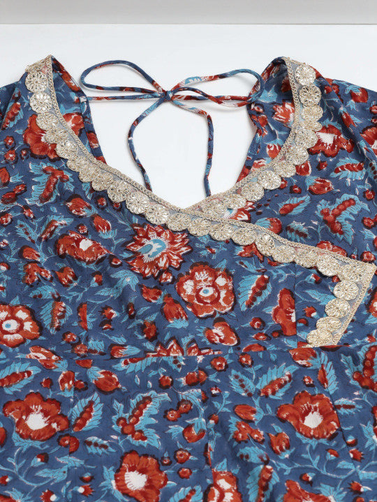 FLY STITCH Women Floral Printed Angrakha Gotta Patti Pure Cotton Kurta Set With Dupatta
