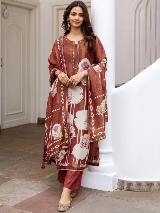 Anouk Floral Printed Regular Mirror Work Straight Kurta