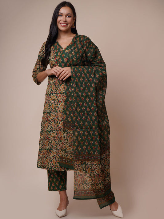 VASVI Women Kalamkari Printed Regular Pure Cotton Kurta with Trousers & With Dupatta
