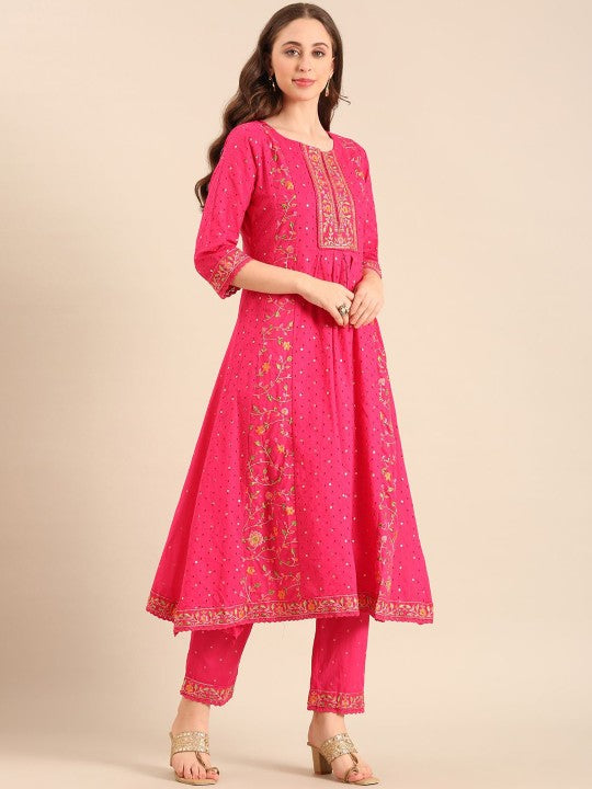 Anouk Women Floral Embroidered Pure Cotton Kurta Set With Dupatta