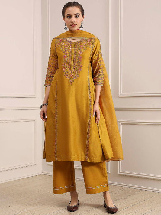Biba Women Ethnic Motifs Embroidered A-Line Kurta with Palazzos & Dupatta