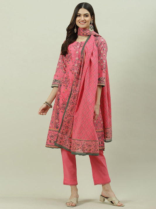 Biba Women Floral Embroidered Regular Pure Cotton Kurta with Trousers & With Dupatta