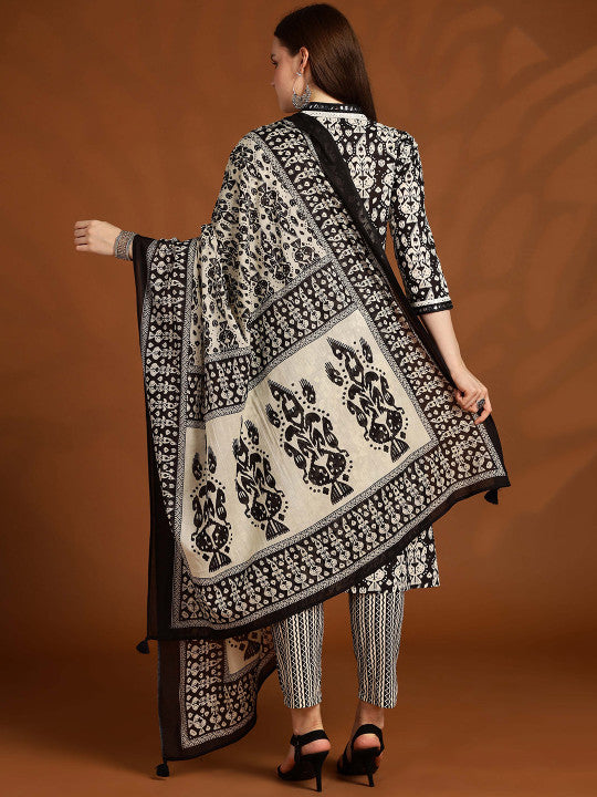 Anouk Women Floral Printed Panelled Cotton Kurta with Trousers & Dupatta