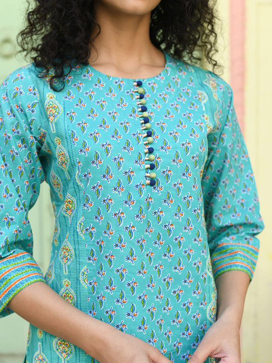 Floral Printed Pure Cotton Straight Kurta With Trousers & Dupatta