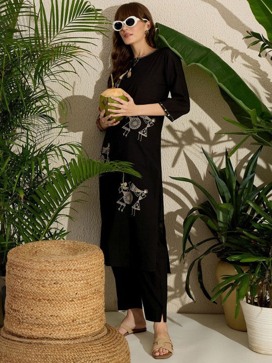 Indo Era Embroidered Round Neck Straight Pure Cotton Kurta & Trousers