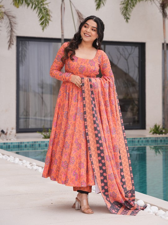 Tanhai Women Floral Printed Regular Pure Cotton Anarkali Kurta with Trousers & Dupatta