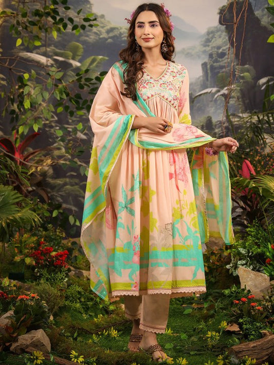 AARAAS Women Floral Embroidered Pure Cotton Anarkali Kurta with Pyjama & Dupatta