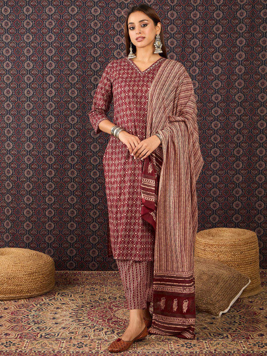 Indo Era Ethnic Motifs Printed Sequinned Pure Cotton Kurta With Trousers & Dupatta