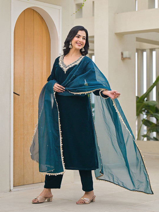 Divena Embroidered V-Neck Velvet Straight Kurta With Trouser & Dupatta