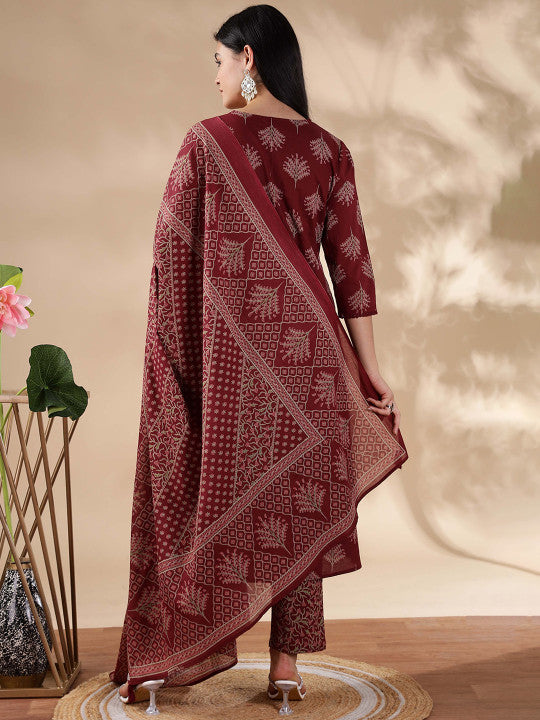 Anouk Women Floral Regular Pure Cotton Kurta with Trousers & With Dupatta